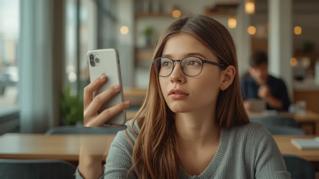 Woman asking her smartphone assistant a question in a cafe
