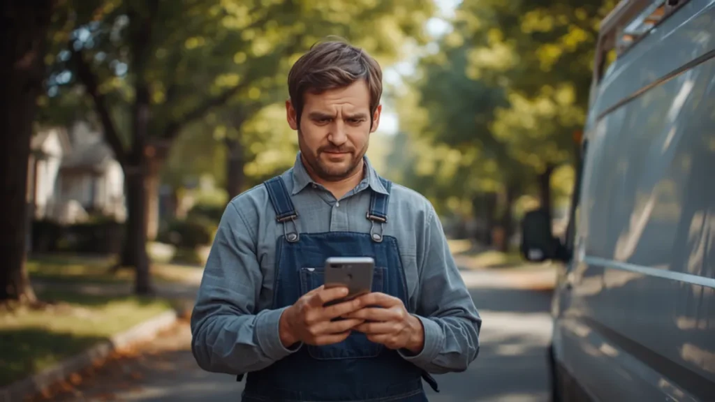 Plumber checking his phone next to his service van on a Maryland street