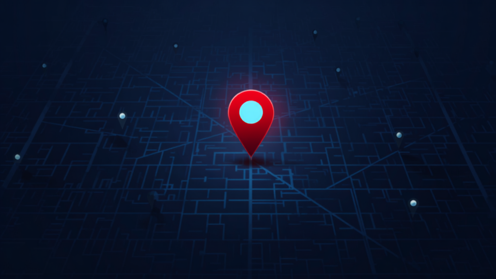Stylized city map with glowing local SEO location pins