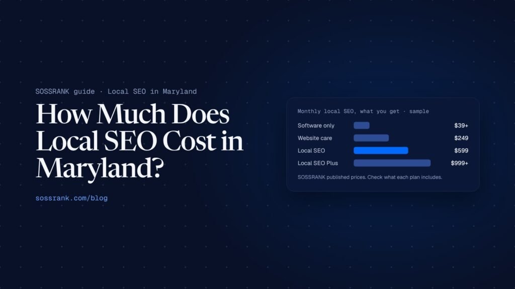 Header graphic: How much local SEO costs in Maryland, with SOSSRANK published plan prices