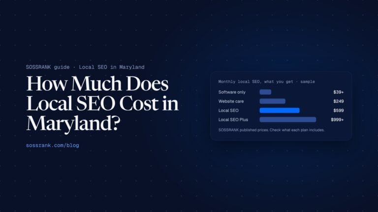 Header graphic: How much local SEO costs in Maryland, with SOSSRANK published plan prices