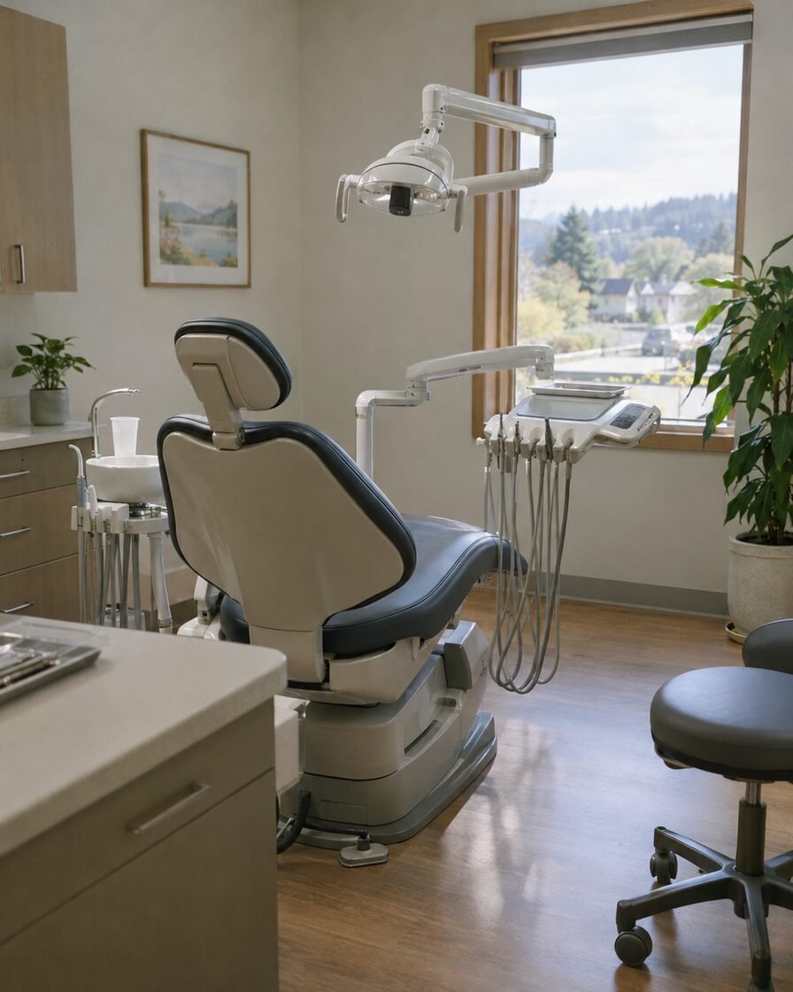 A bright dental treatment room with a modern dental chair