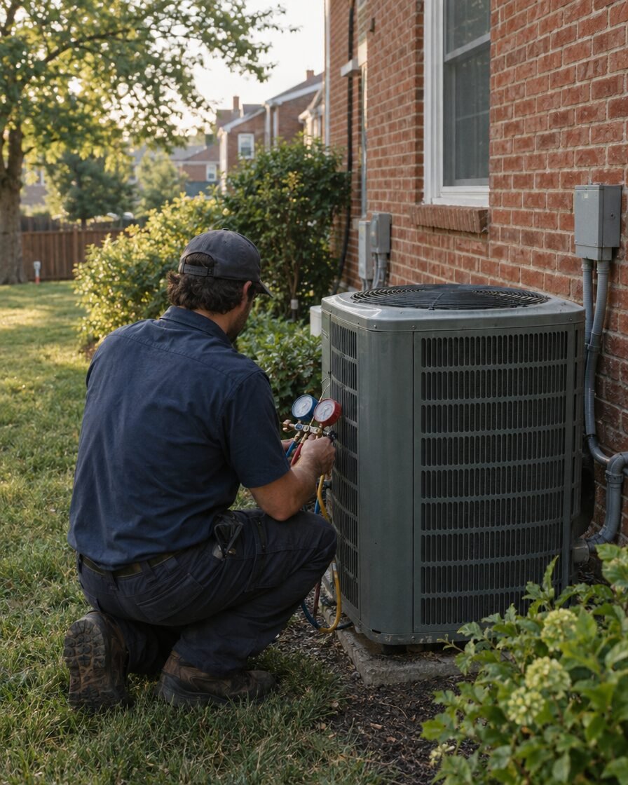An HVAC technician checking an outdoor air conditioning unit beside a brick townhouse
