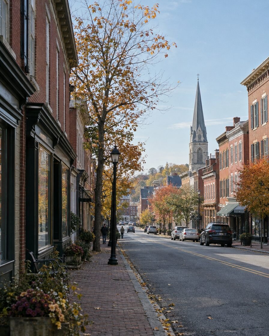 A historic downtown Maryland street with brick buildings and a church spire in autumn