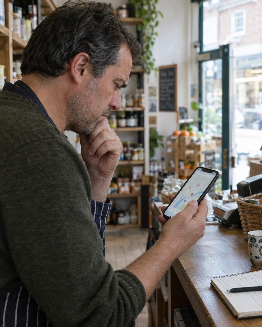 A shop owner checking a map on his phone behind the counter