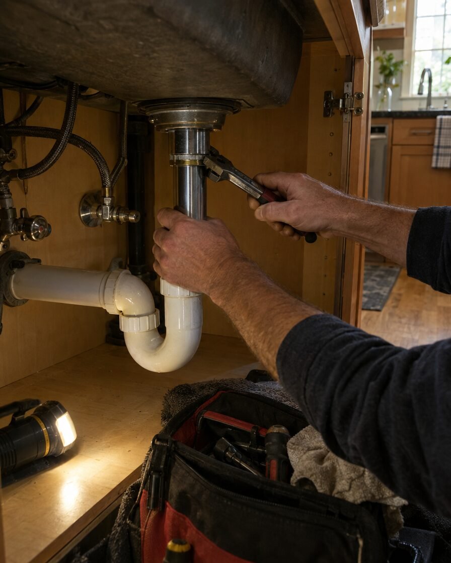 A plumber tightening a pipe fitting under a kitchen sink