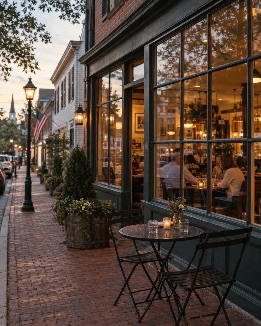 A neighborhood restaurant with warm light and a sidewalk table at dusk
